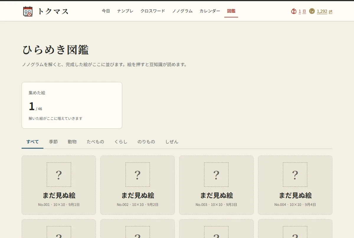 図鑑のページ。完成させた絵が1枚あり、ほかは「？」のカードになっている
