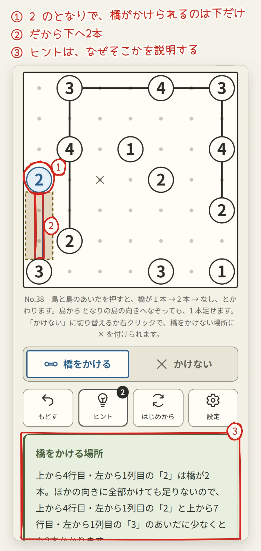 ヒントを使ったところ。4行1列の2から下の3へ2本の橋がかかり、その場所が色でしめされ、下に説明が出ている