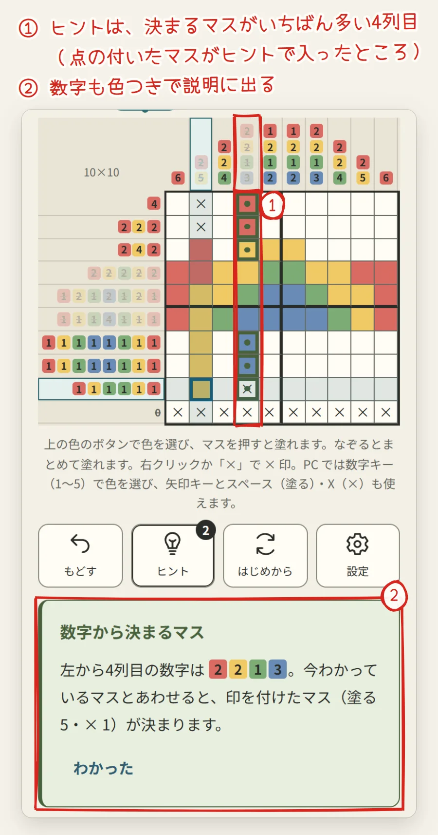 ヒントを使ったところ。4列目が赤い枠で囲まれ、点の付いたマスに色と×が入り、下に色つきの数字の説明が出ている