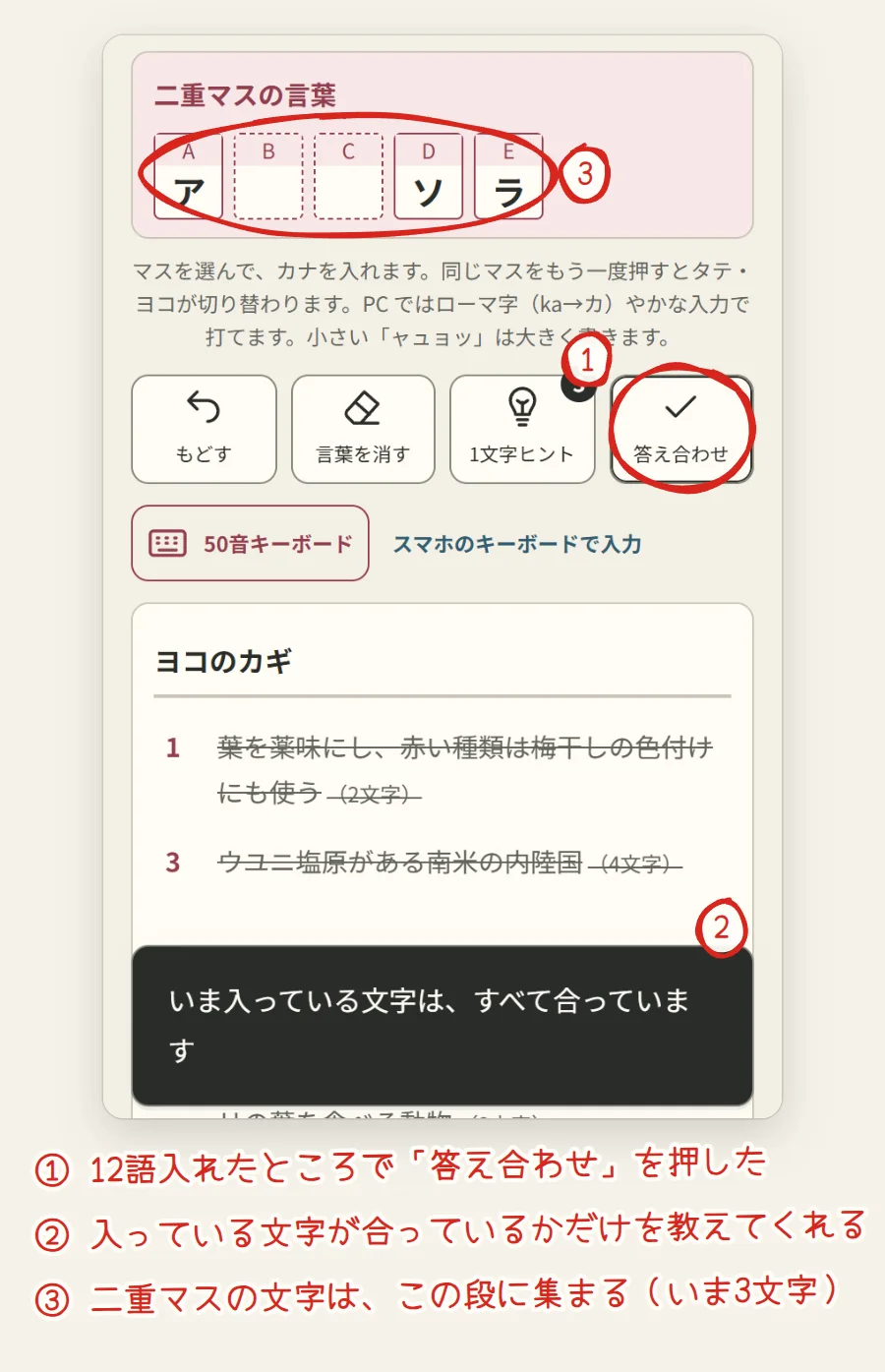 二重マスの言葉の段にア・ソ・ラの3文字が入り、答え合わせのボタンを押すと、下に「いま入っている文字は、すべて合っています」と表示されている