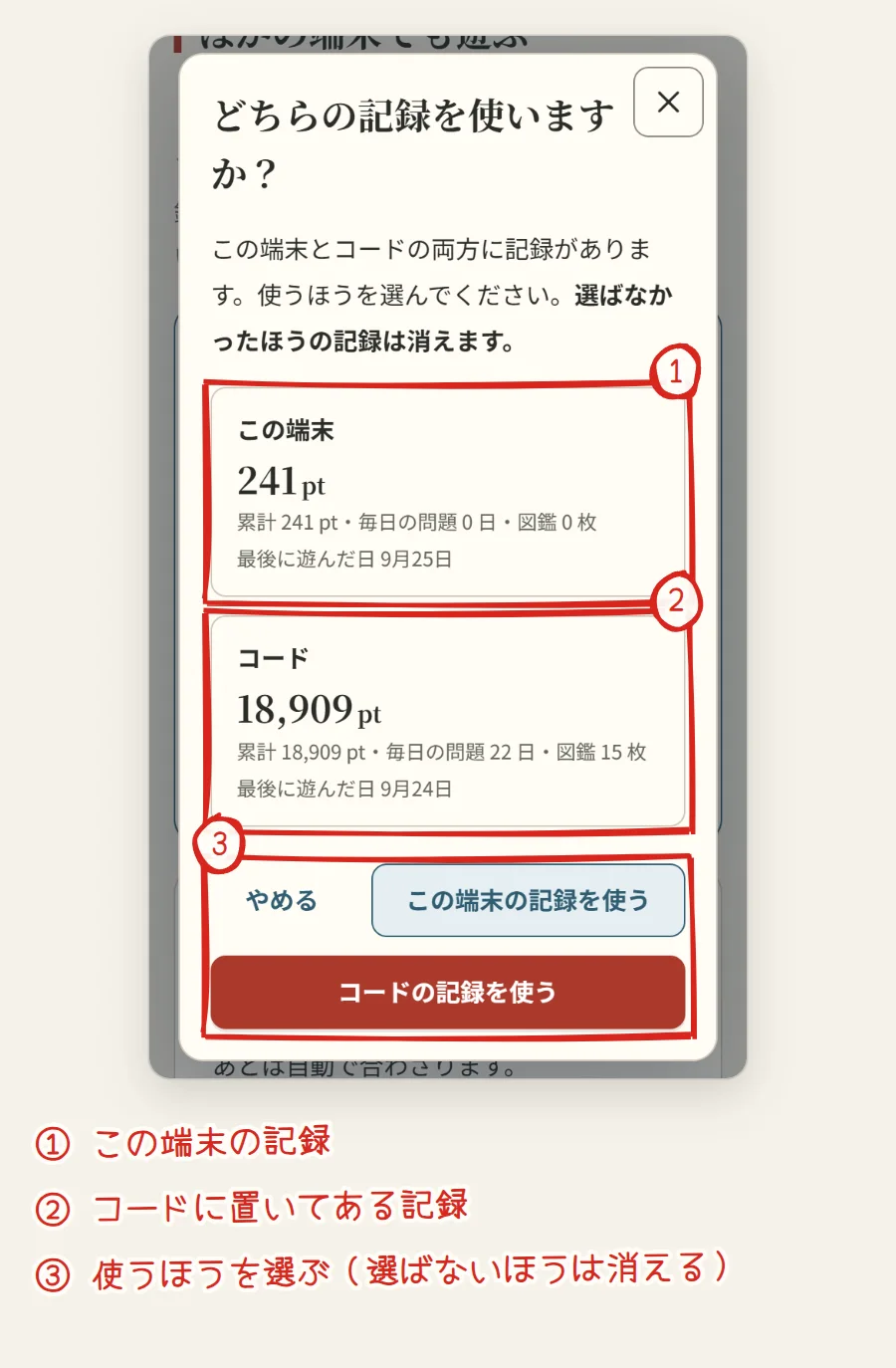 どちらの記録を使いますかの画面。この端末の記録に1、コードの記録に2、選ぶボタンに3の番号