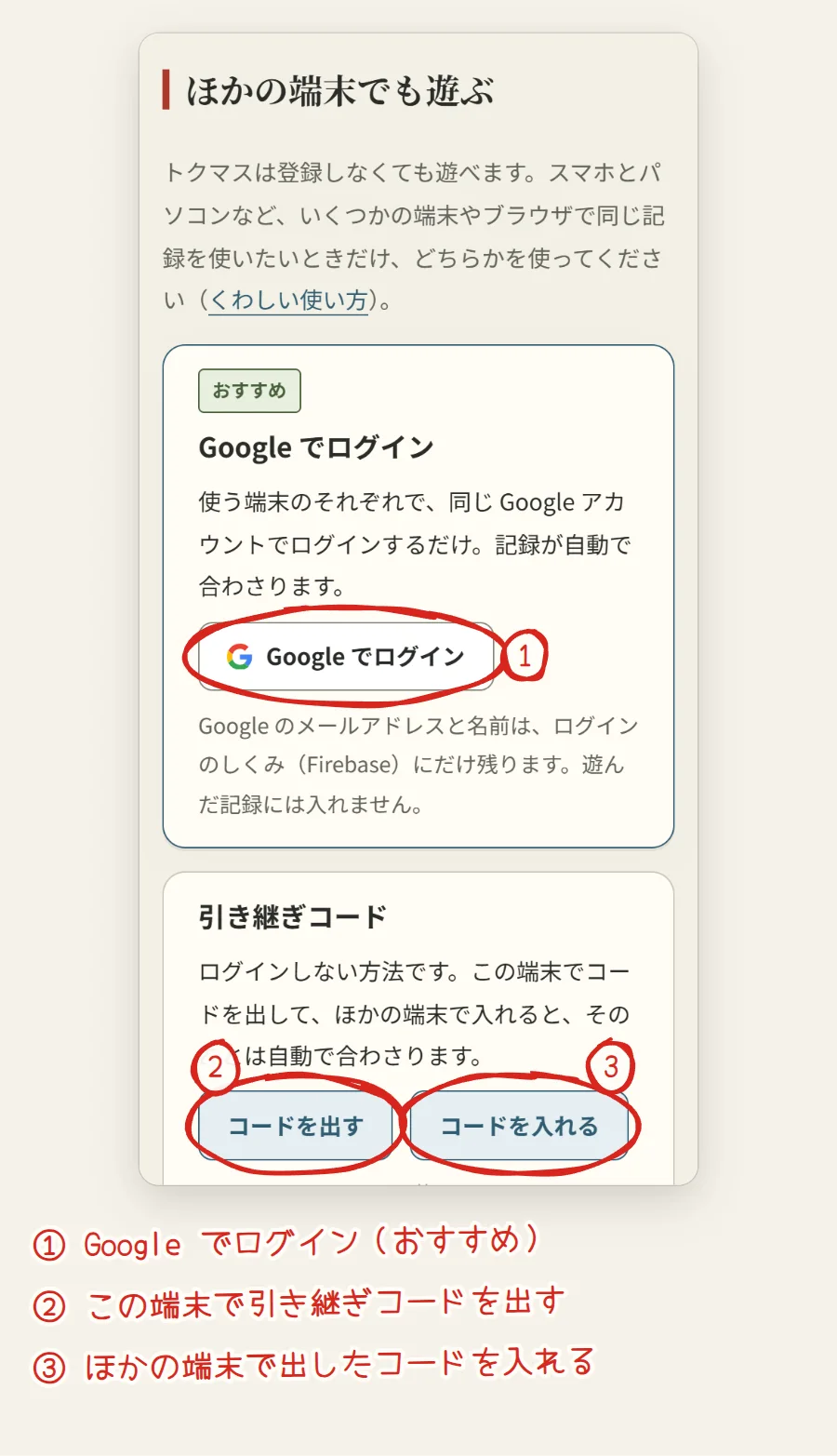 マイページの「ほかの端末でも遊ぶ」。Google でログインのボタンに1、コードを出すに2、コードを入れるに3の番号がついている