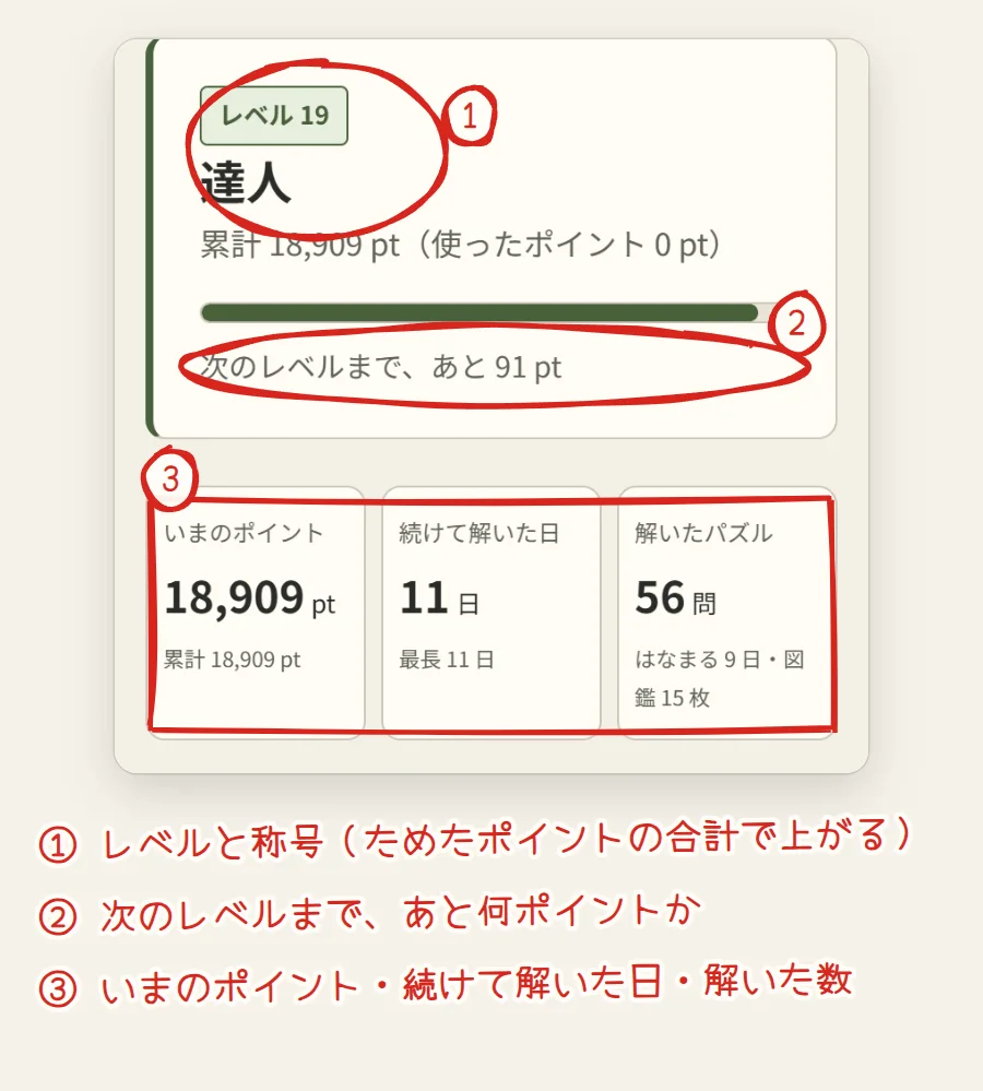 マイページの上の部分。レベル19・達人、次のレベルまであと91ポイント、いまのポイント・続けて解いた日・解いたパズルのタイルに番号がついている