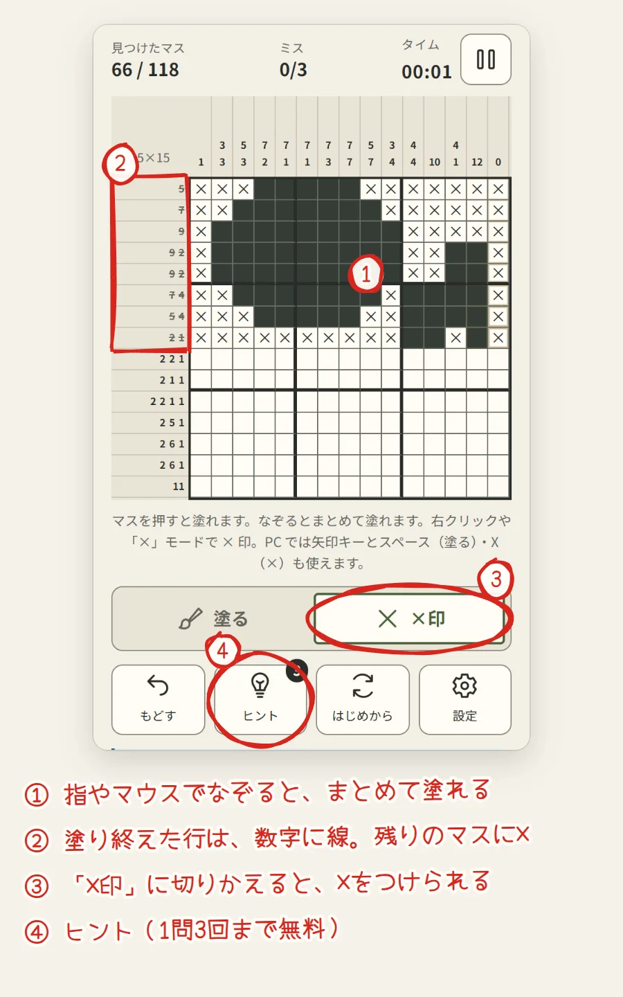 15×15のノノグラムの途中の画面。上の8行が塗られ、左の数字に線が引かれて残りのマスに×がついている。塗ると×印の切りかえと、ヒントのボタンに番号がついている