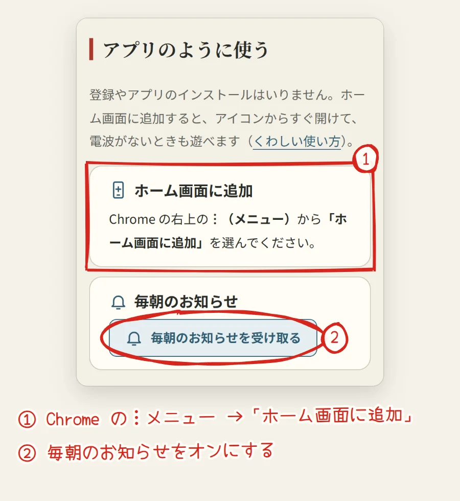 Android の Chrome で開いたマイページのアプリのように使う。ホーム画面に追加の説明に1、毎朝のお知らせを受け取るのボタンに2の番号