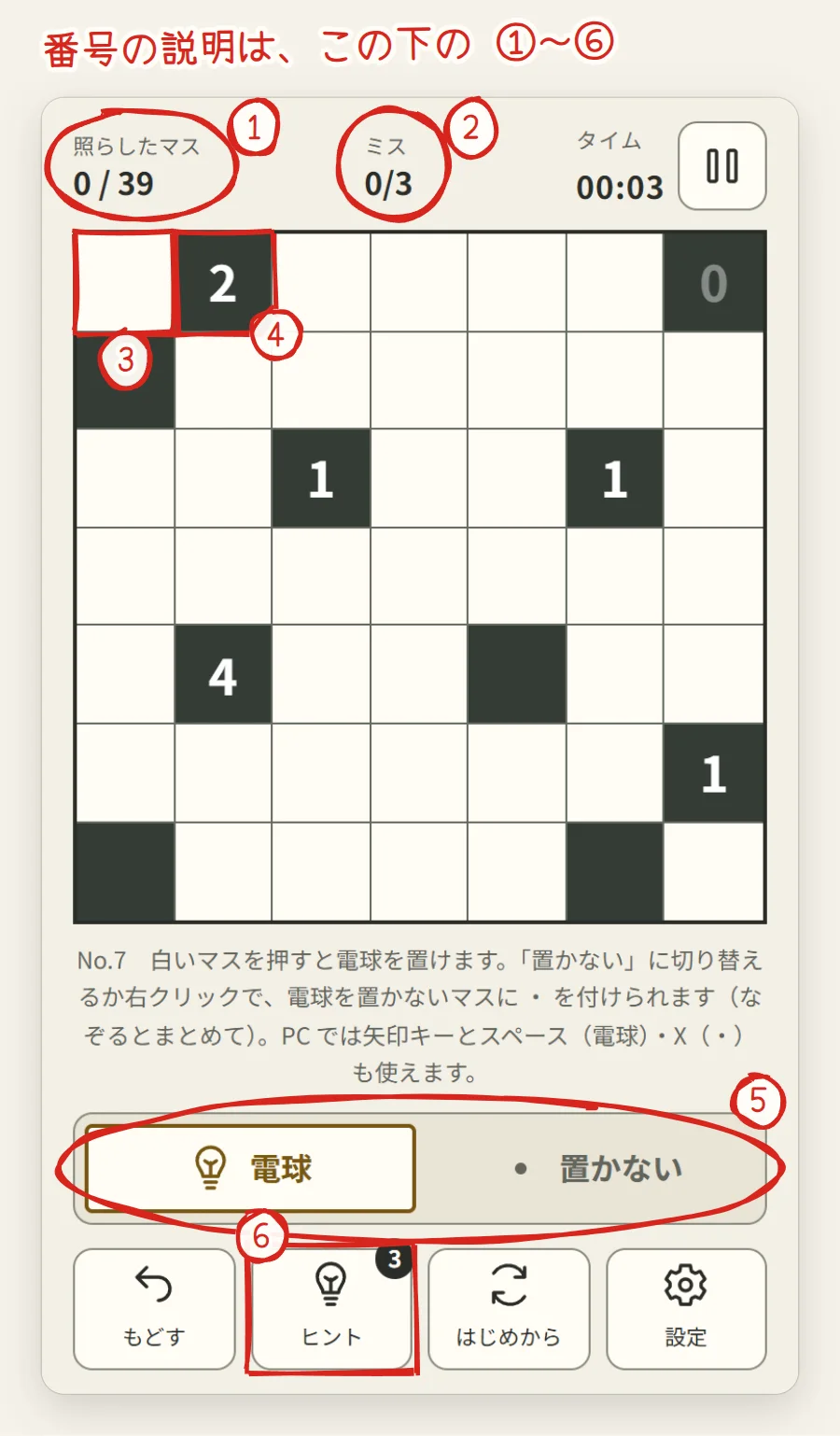 ライトアップの画面。上に照らしたマス・ミス・タイム、まん中に7×7の盤、下に電球と置かないの切りかえ、道具のボタン。赤い手書きで1から6の番号が書き込まれている