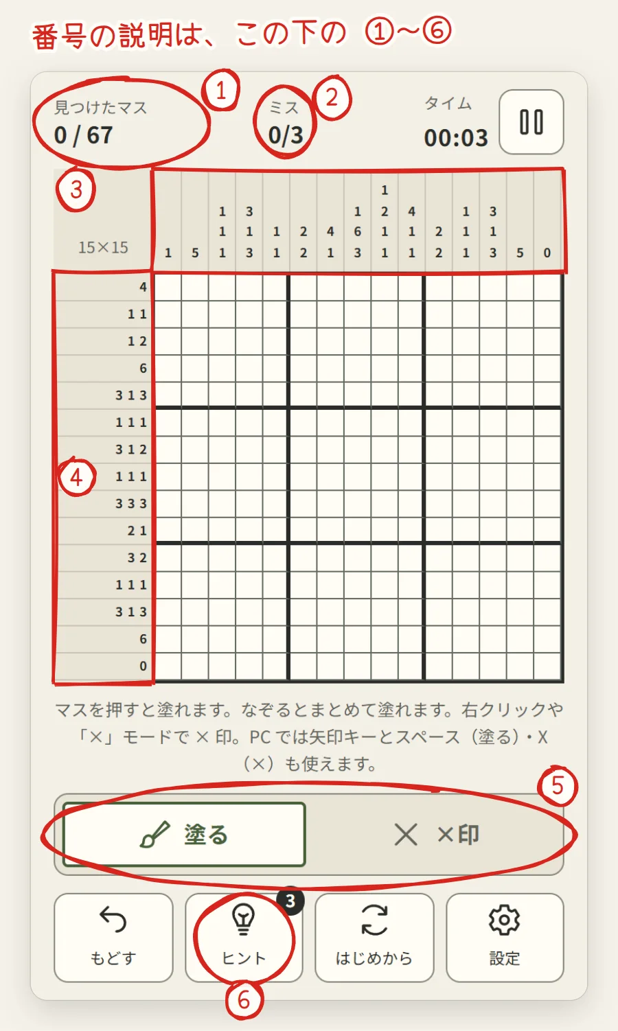 ノノグラムの画面。上に見つけたマス・ミス・タイム、まん中に15×15の盤と上と左の数字、下に塗る・×印の切りかえと道具のボタン。赤い手書きで1から6の番号が書き込まれている